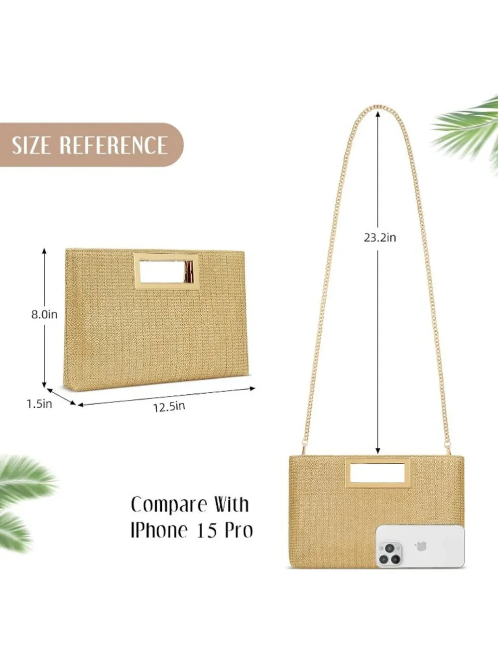 Women's Khaki Clutch Purse Gold Chain Strap Handle Handbag Wedding Evening Bag